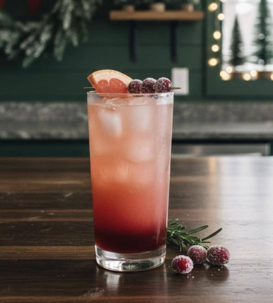 A tall glass of pink and red iced drink garnished with sugared cranberries and a grapefruit slice, sits on a wooden table with rosemary and cranberries beside it; festive greenery is blurred in the background.