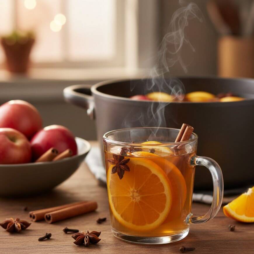 A steaming glass mug of spiced apple cider garnished with orange slices, a cinnamon stick, and star anise sits on a table. A bowl of apples and a pot with more orange slices are in the background.