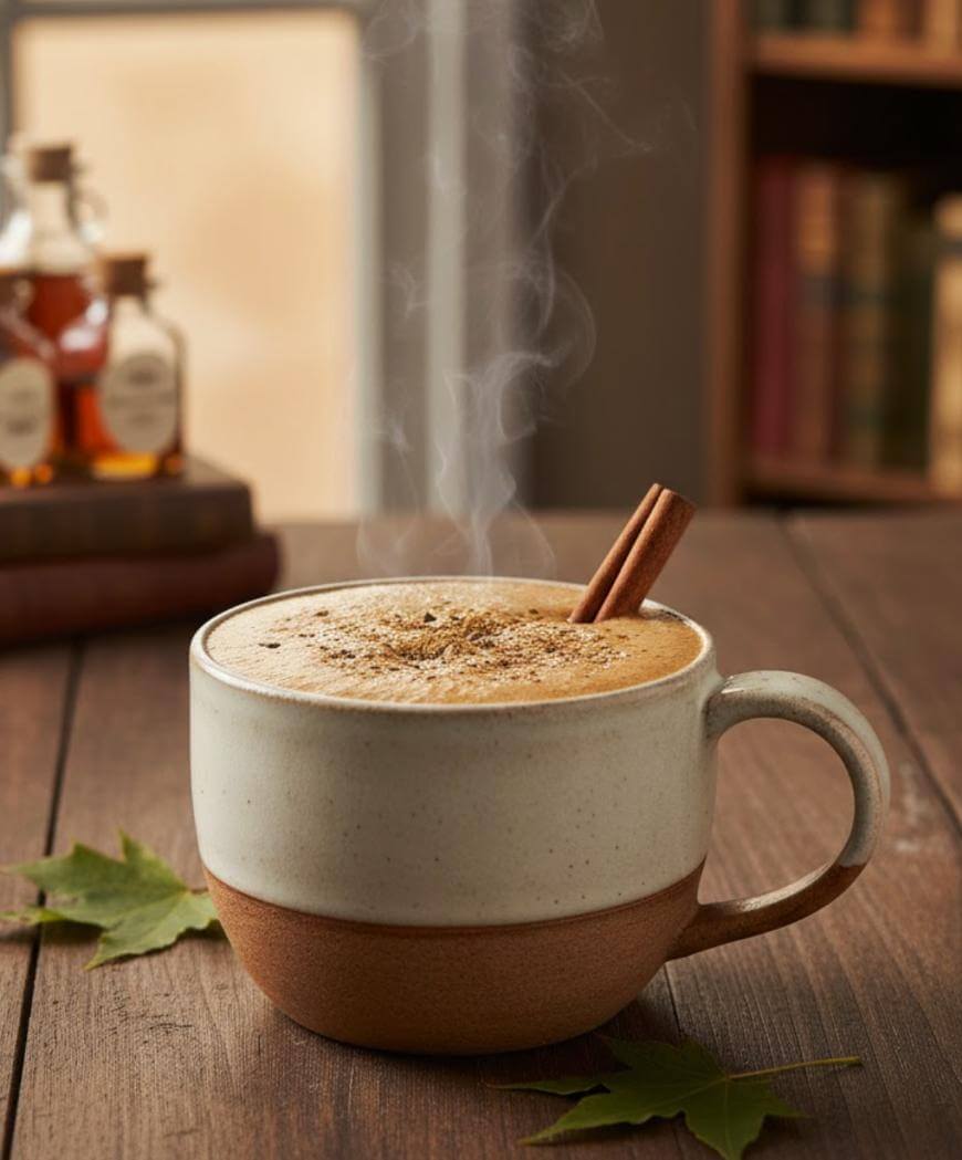 A steaming mug of frothy coffee topped with ground spices and two cinnamon sticks sits on a wooden table, with autumn leaves nearby and blurred bottles and books in the background.