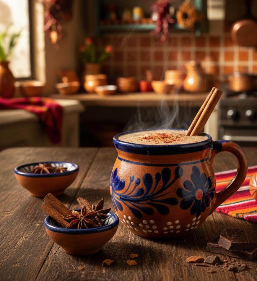 A steaming mug of Mexican hot chocolate with a cinnamon stick sits on a rustic wooden table, surrounded by small bowls of spices in a cozy, sunlit kitchen with traditional pottery and colorful decor.