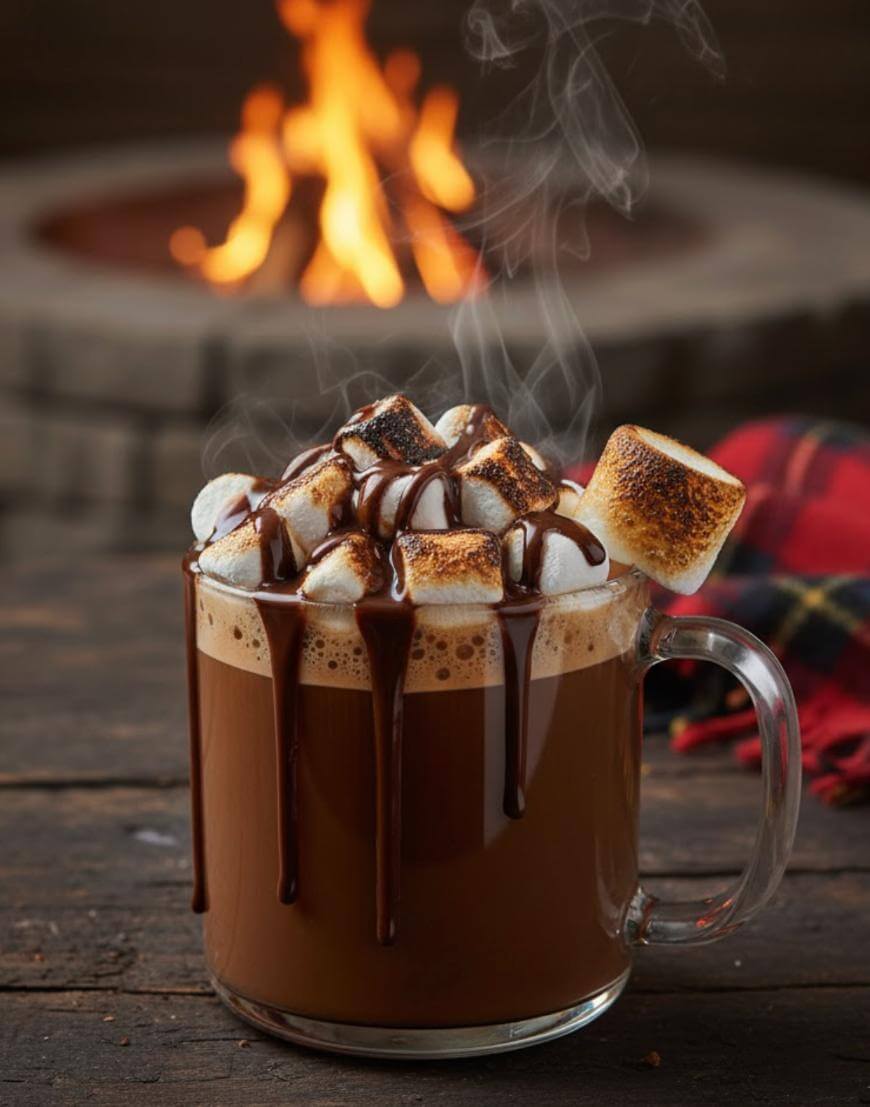 A glass mug of hot chocolate topped with toasted marshmallows and chocolate drizzle sits on a wooden table, with a fire pit and a plaid blanket in the background. Steam rises from the drink.
