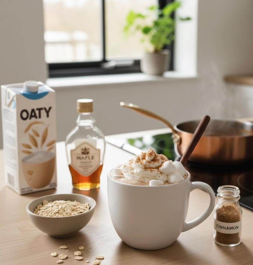 A mug of foamy oat milk with marshmallows and cinnamon sits on a kitchen counter, surrounded by a carton of oat milk, a bowl of oats, a bottle of maple syrup, and a jar of cinnamon. A pan and a potted plant are in the background.
