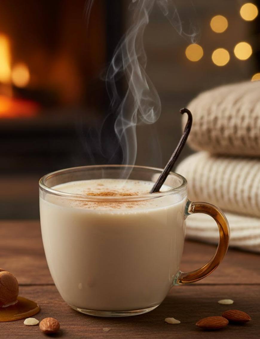 A steaming mug of creamy, spiced drink with a vanilla bean and a sprinkle of cinnamon on top sits on a wooden table, surrounded by almonds, soft knit blankets, and a glowing fireplace in the background.