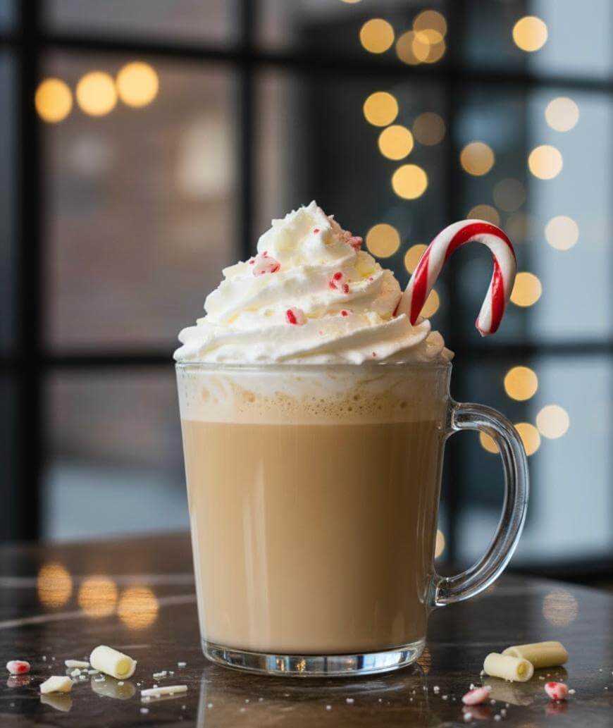 A glass mug of coffee topped with whipped cream, crushed peppermint pieces, and a candy cane, sits on a table with blurred string lights in the background. White chocolate shavings are scattered nearby.