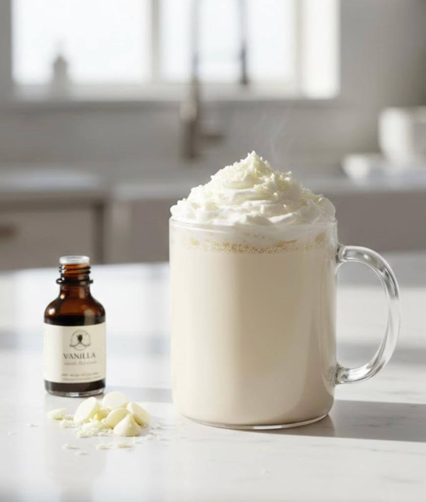 A clear glass mug filled with a creamy white beverage topped with whipped cream sits on a white countertop. Next to it are a small bottle labeled vanilla and a few white chocolate pieces.