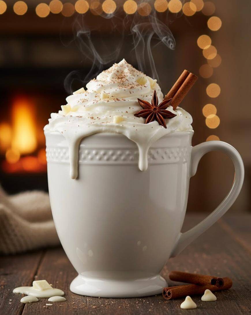 A white mug of hot chocolate topped with whipped cream, sprinkled with nutmeg, garnished with a cinnamon stick and star anise. Steam rises from the drink; a fireplace and warm, blurred lights create a cozy background.