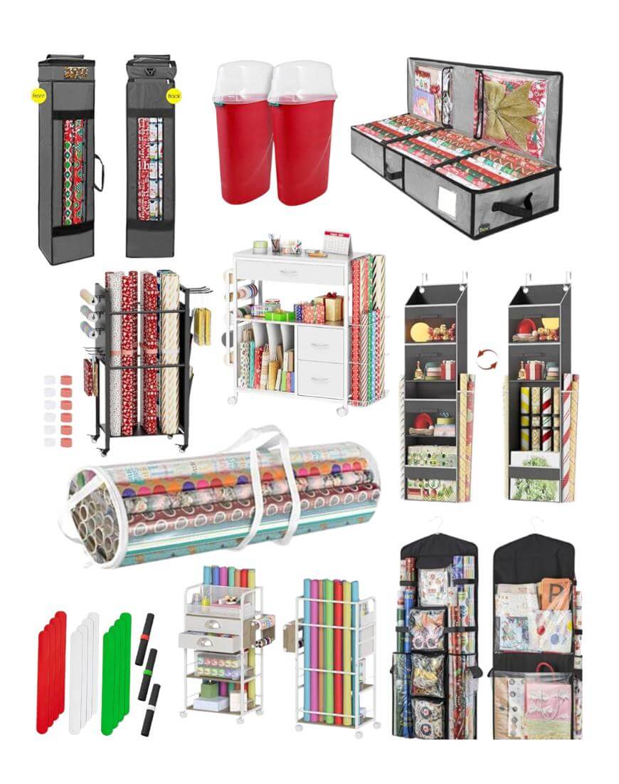 A collage of various gift wrap storage solutions, including hanging organizers, bins, carts, shelves, and bags, holding rolls of wrapping paper, ribbons, and other gift wrapping supplies.