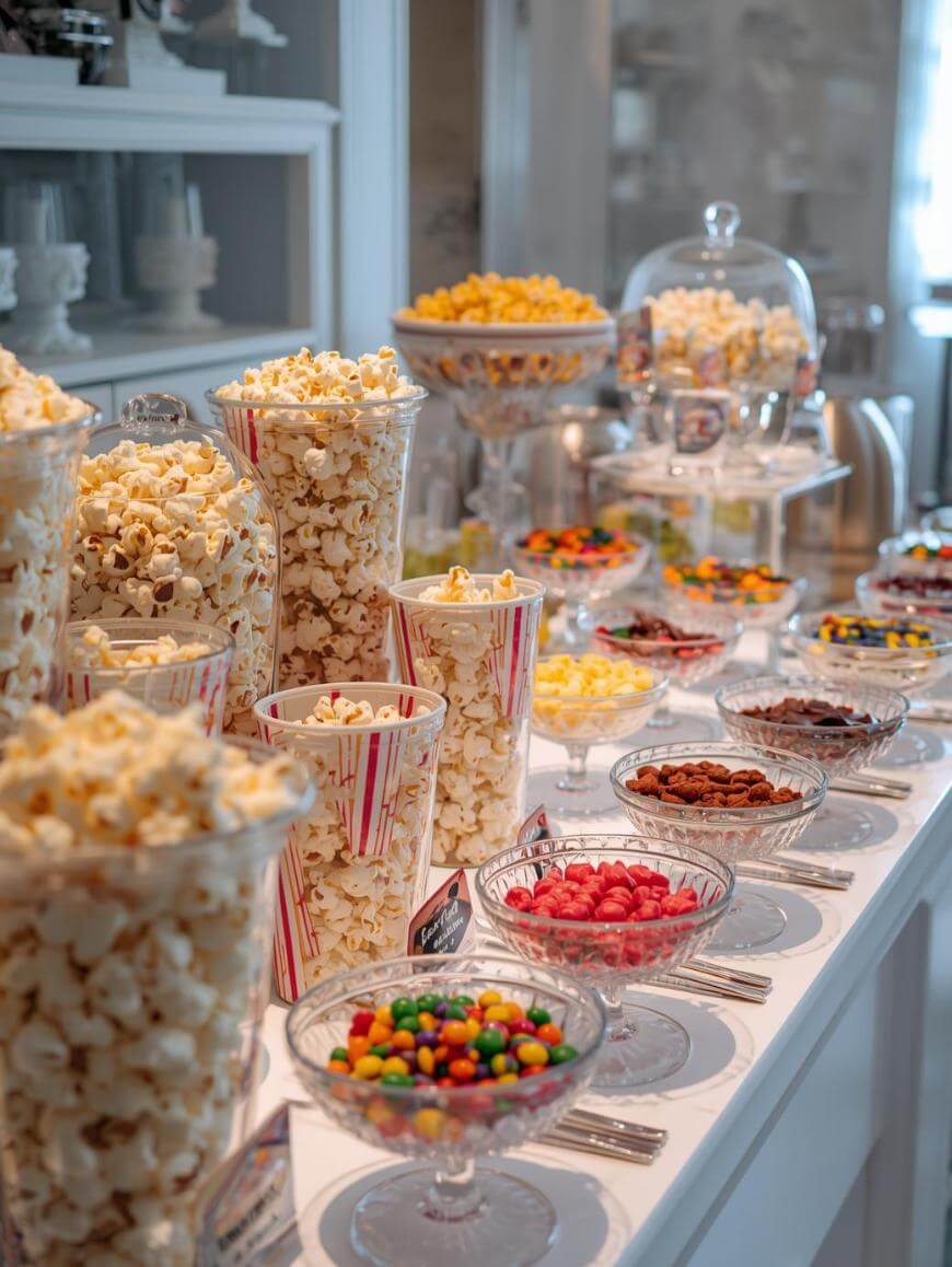 A dessert table with glass bowls and jars filled with popcorn, colorful candies, chocolates, and sweets, arranged neatly for a party or celebration. The table is bright and inviting.