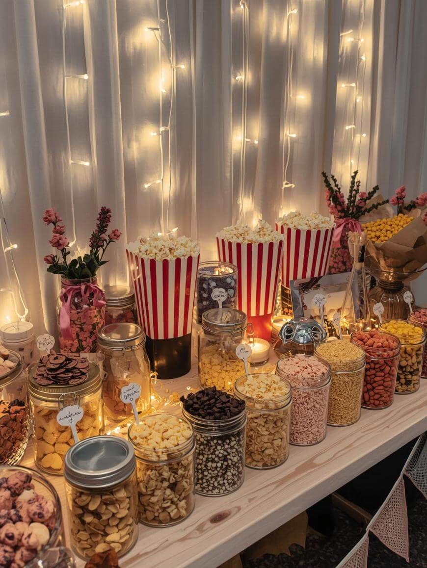 A festive snack table with jars of assorted candies and chocolates, striped popcorn tubs, flowers, and warm fairy lights hanging against a white curtain backdrop.