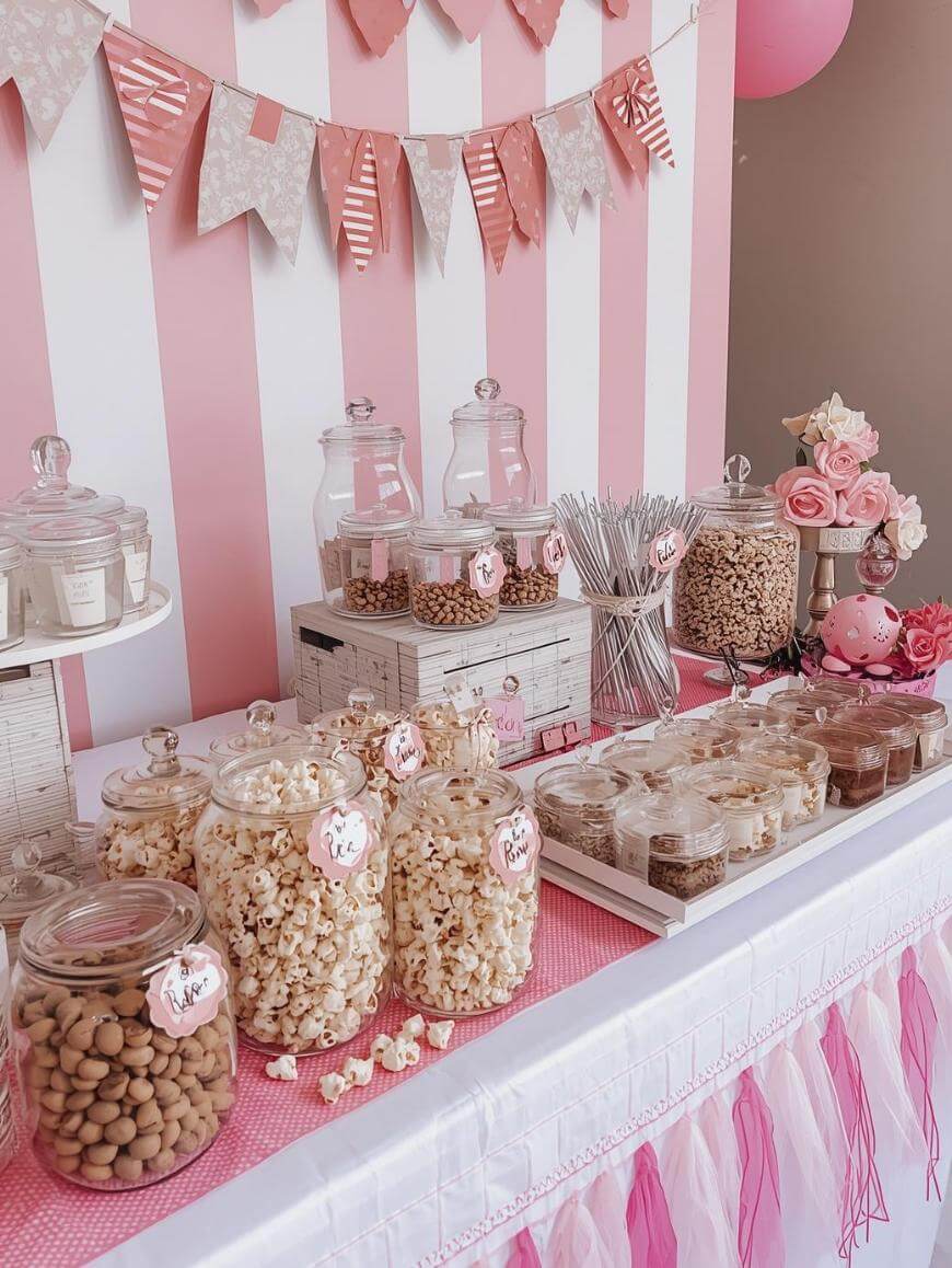A pink-and-white striped candy table is decorated with popcorn, treats in glass jars, flowers, and pink bunting flags overhead, creating a festive and elegant party setting.