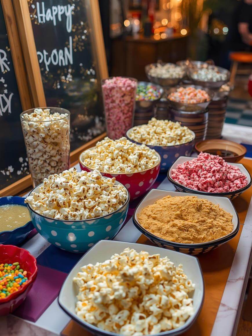 A colorful popcorn bar with bowls of plain and flavored popcorn, various toppings, and sprinkles arranged on a table, with a sign in the background that reads “Happy Popcorn.”.