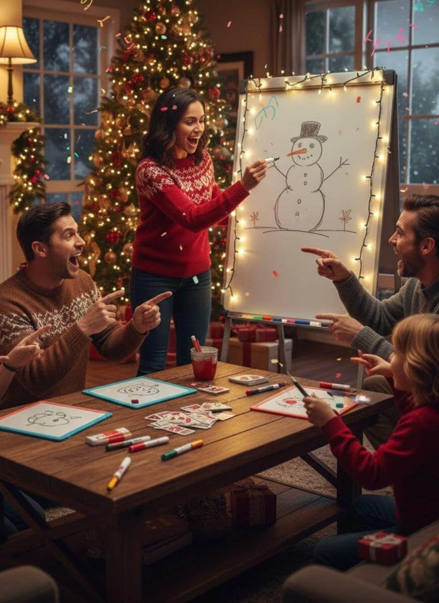 A group of people in festive sweaters play a drawing game in a cozy living room decorated for Christmas, with a large tree, lights, and a drawn snowman on an easel, all smiling and celebrating together.