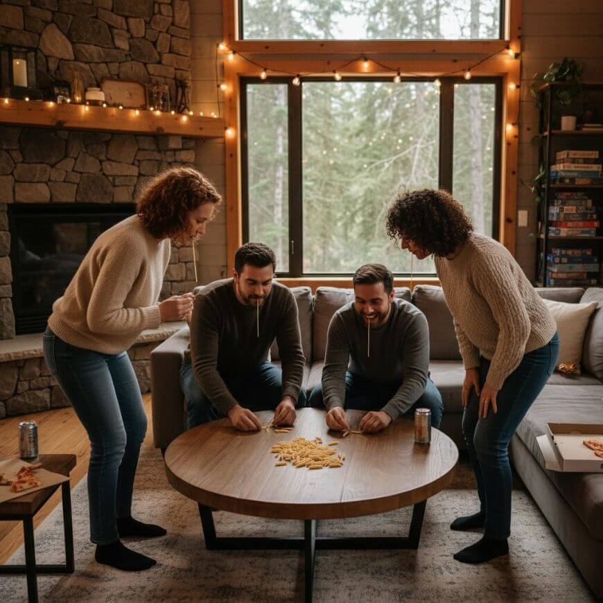 Four people are laughing and playing a game together in a cozy living room with a stone fireplace, fairy lights, and large windows. Snacks and drinks are on the table, and a stack of board games is nearby.