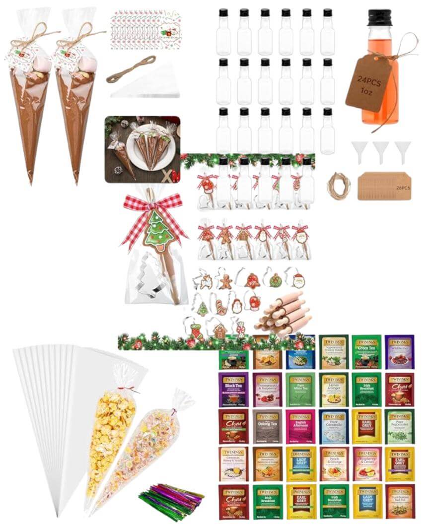 A collage of holiday-themed DIY gift supplies, including hot chocolate cones, empty plastic bottles, honey bottle, holiday tags, tea bags, clear cone bags with popcorn, twine, ribbon, and colorful twist ties.