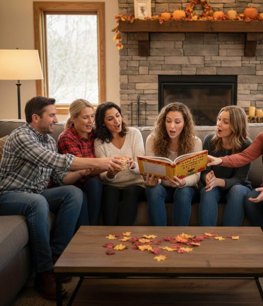 A group of five adults sit on a couch in a cozy living room, reading a book together and smiling. Autumn leaves decorate the table, and fall decorations adorn the mantel behind them.