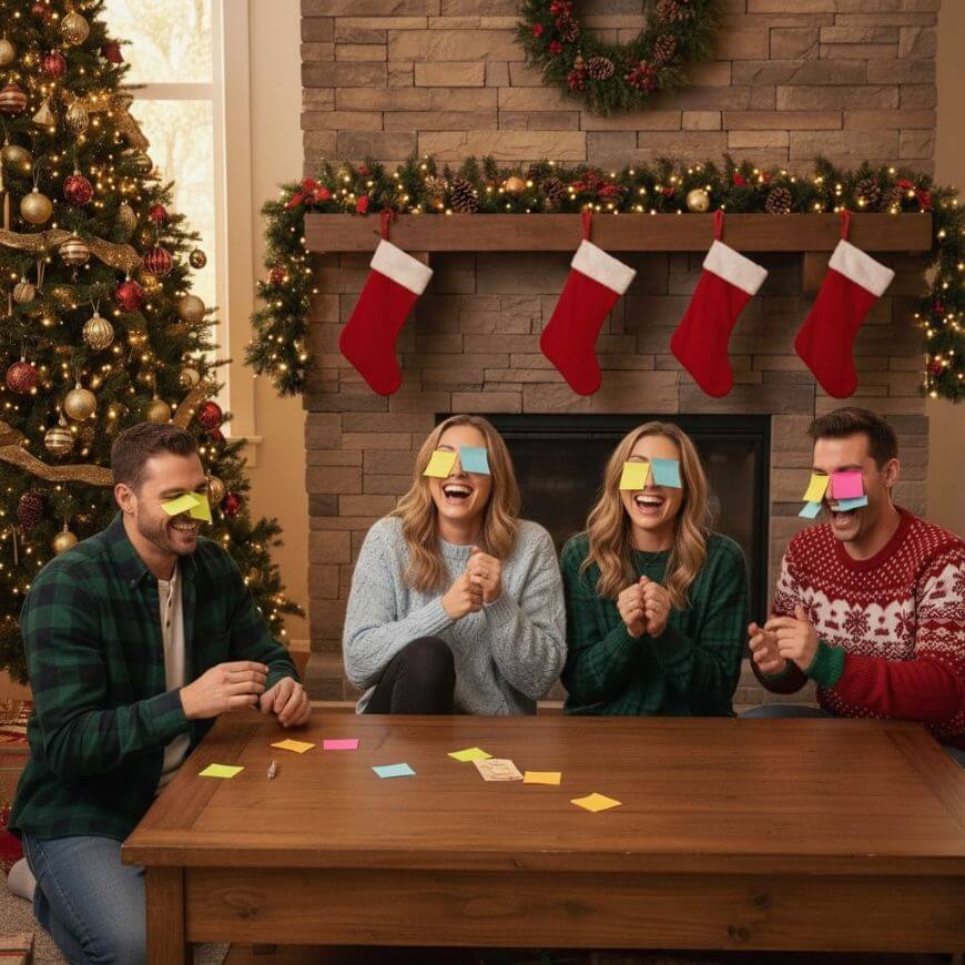 Four people sit around a wooden table, laughing and playing a sticky note game with notes on their faces. A decorated Christmas tree and stockings hung by a fireplace are in the background, creating a festive atmosphere.