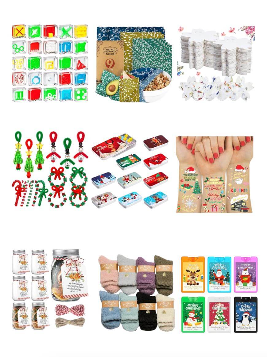 A collage of Christmas-themed gift items, including advent calendars, fabric wrap, stacked white boxes, holiday ornaments, decorated tins, festive nail wraps, cookie jars, cozy socks, and colorful greeting cards.