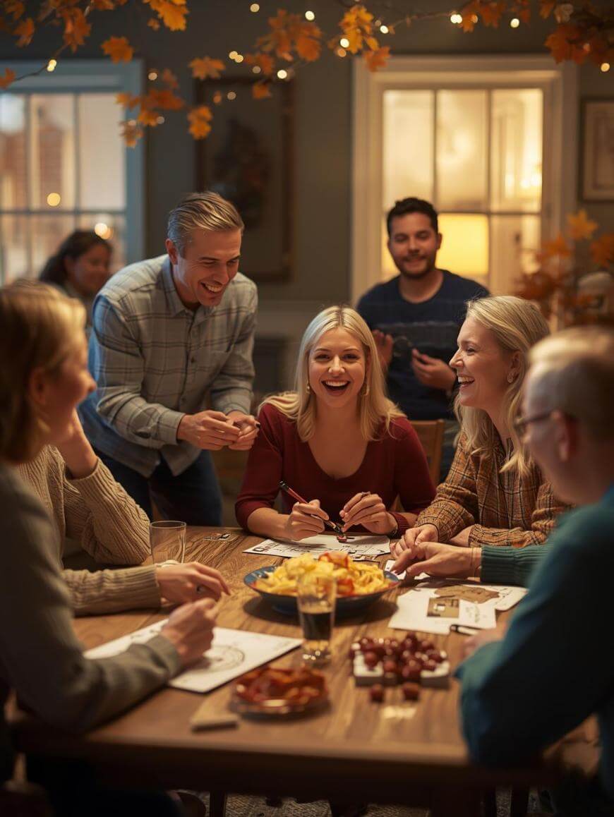 A group of adults laughing and playing a board game together at a cozy, warmly lit table, surrounded by autumn decorations and snacks. Everyone looks happy and engaged in the activity.