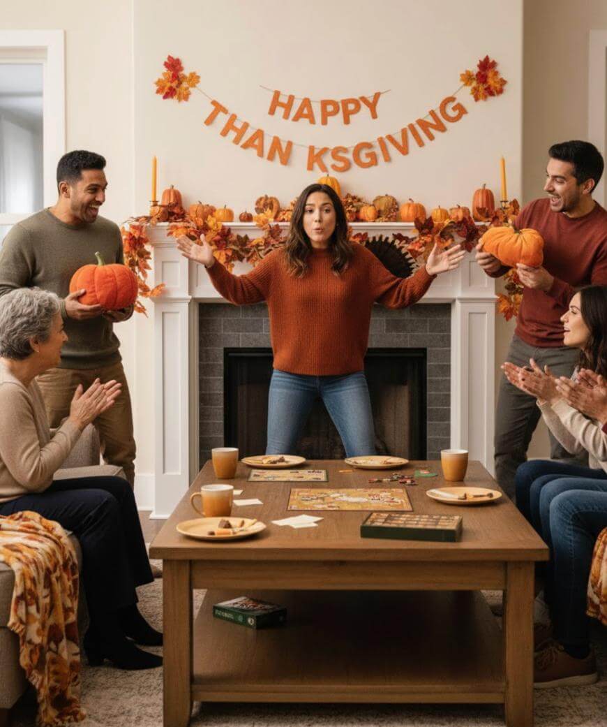 A group of six people in a cozy living room celebrate Thanksgiving. They smile and laugh around a table set with plates and drinks. The fireplace is decorated with leaves, pumpkins, and a HAPPY THAN KSGIVING banner.