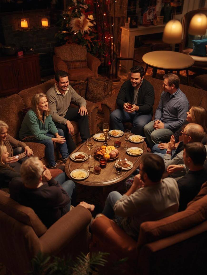 A group of people sits in a cozy, warmly lit living room, gathered around a coffee table with snacks and drinks, smiling and talking, creating a friendly and relaxed atmosphere.
