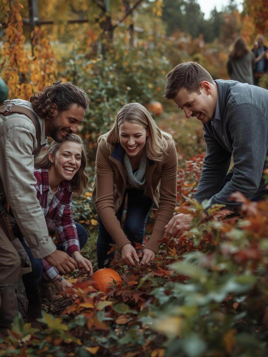 Four adults smile and crouch together in a pumpkin patch, surrounded by autumn foliage, as they prepare to pick a pumpkin on a crisp fall day.