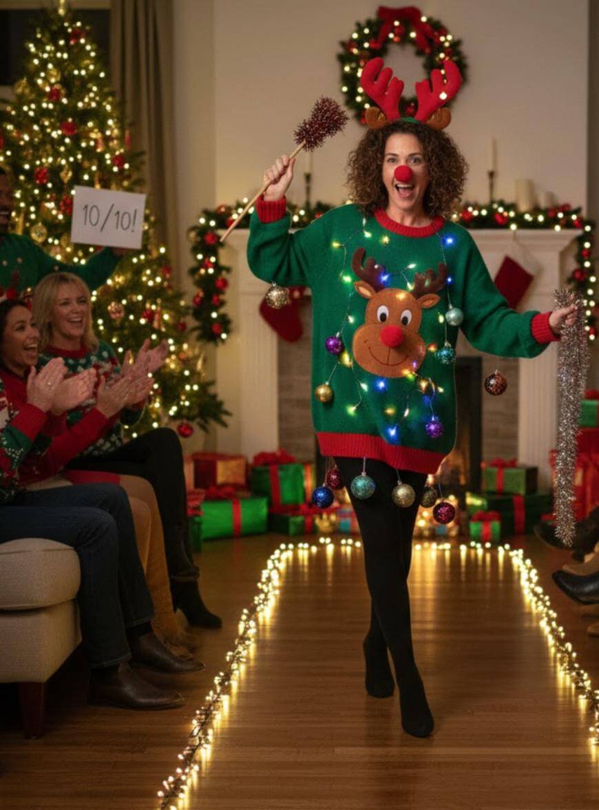 A woman wearing a light-up reindeer sweater, antlers, and a red nose walks proudly on a holiday runway. People cheer and hold a 10/10! sign. Christmas decorations and presents fill the festive room.