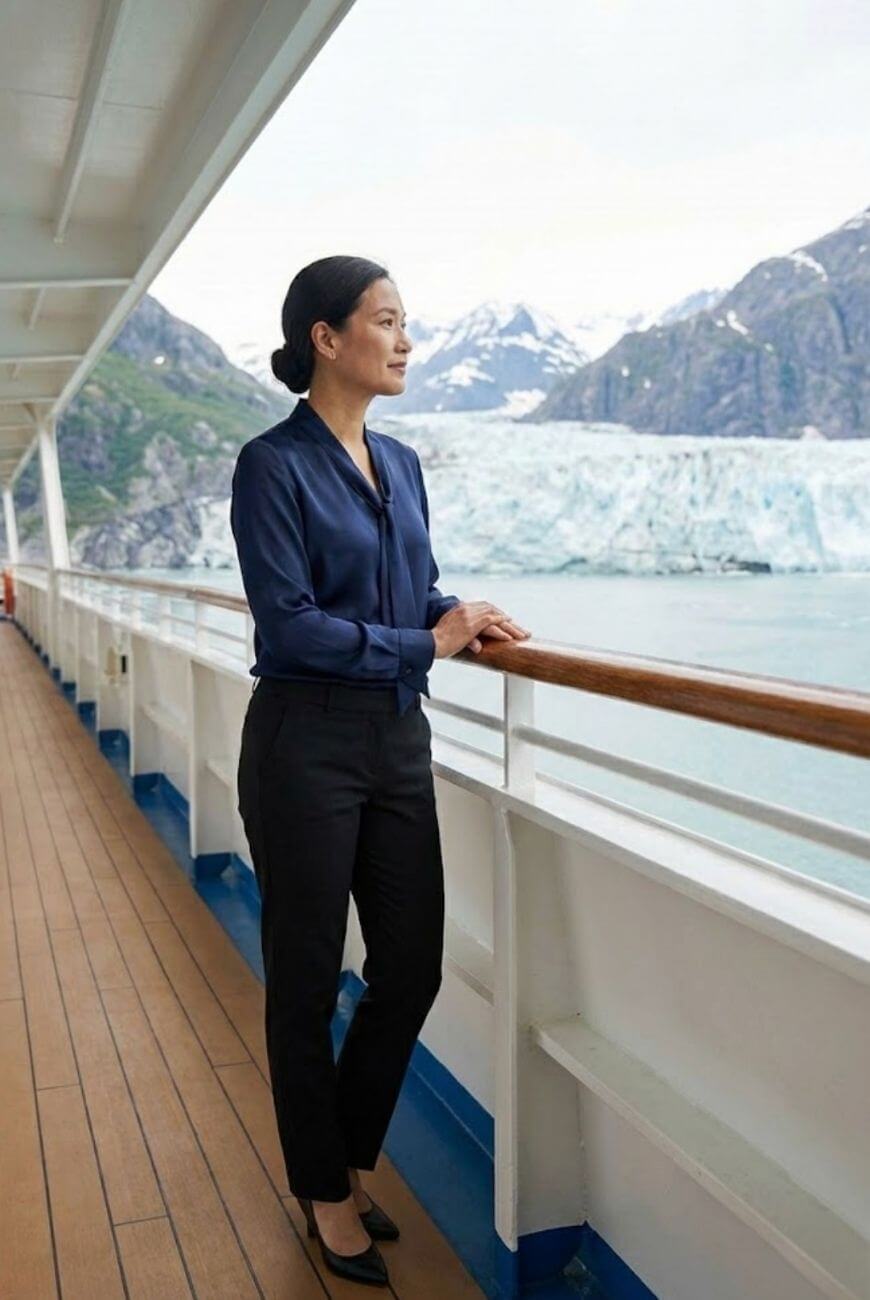 A woman in a navy blouse and black pants stands on a ships deck, looking at snowy mountains and a glacier across calm blue water.