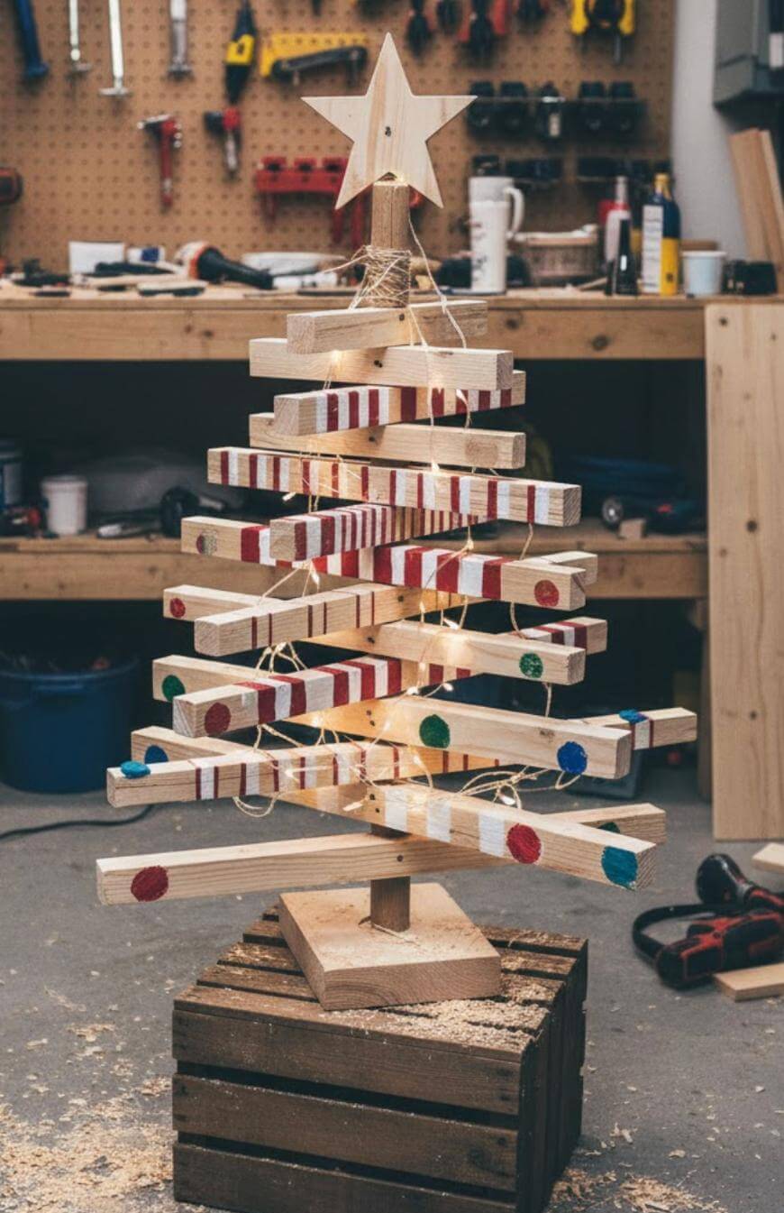 A handmade wooden Christmas tree with colorful painted dots and stripes, string lights, and a star on top stands on a wooden crate in a workshop with tools and workbench in the background.