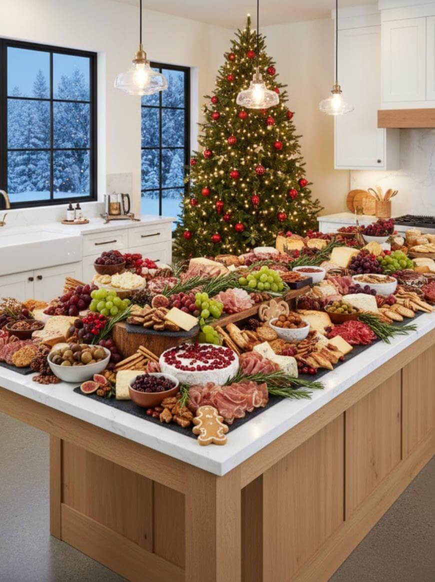 A large kitchen island covered with an elaborate holiday charcuterie spread, featuring cheeses, meats, grapes, crackers, and festive treats. A decorated Christmas tree stands in the background by snowy windows.