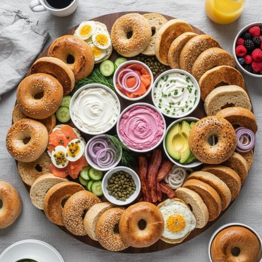 A round platter with various bagels arranged in a circle, surrounding bowls of cream cheese, pink spread, vegetables, smoked salmon, bacon, capers, avocado, and hard-boiled eggs, with coffee, juice, and berries on the side.