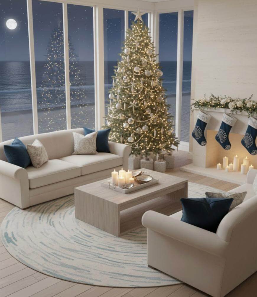 A cozy living room with a large, decorated Christmas tree by tall windows overlooking the ocean at night. Two white sofas surround a coffee table with candles. Stockings hang on a lit fireplace mantel.