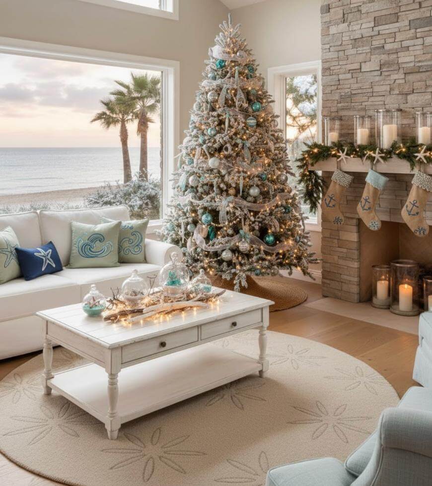 A coastal-themed living room decorated for Christmas, featuring a white and blue adorned tree, seashell ornaments, a white coffee table, candles on a stone fireplace, stockings, and large windows with an ocean view and palm trees.