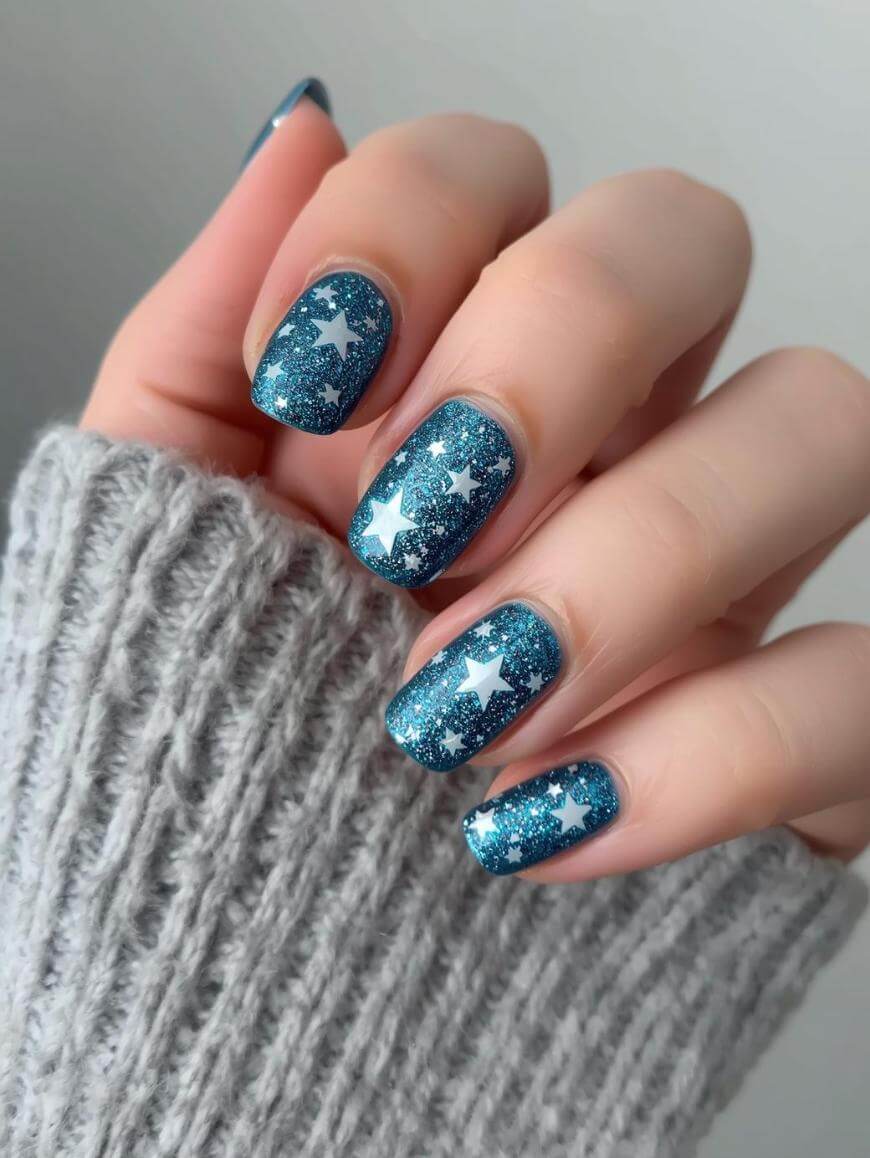 A hand with blue glittery nail polish featuring white star designs. The person is wearing a gray knit sweater.