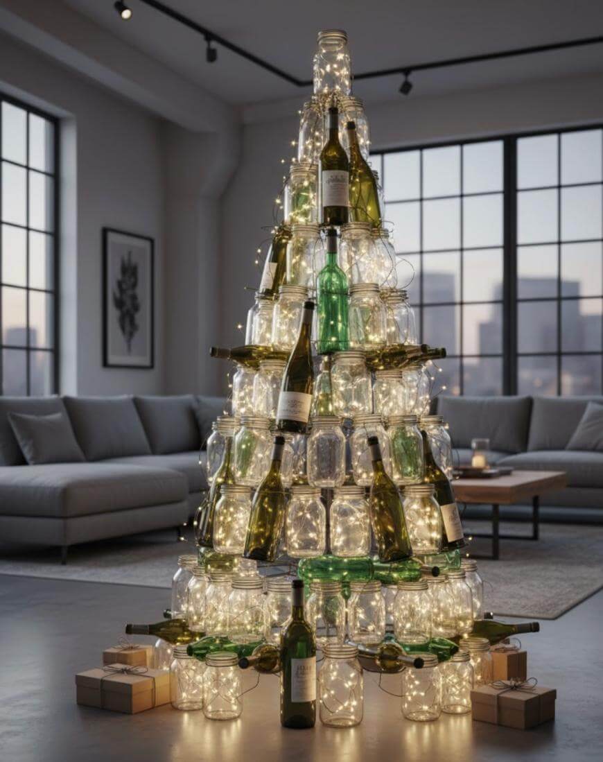 A creative Christmas tree made from stacked glass jars, illuminated with string lights, and decorated with empty wine bottles, stands in a modern living room with large windows and a grey sectional sofa.