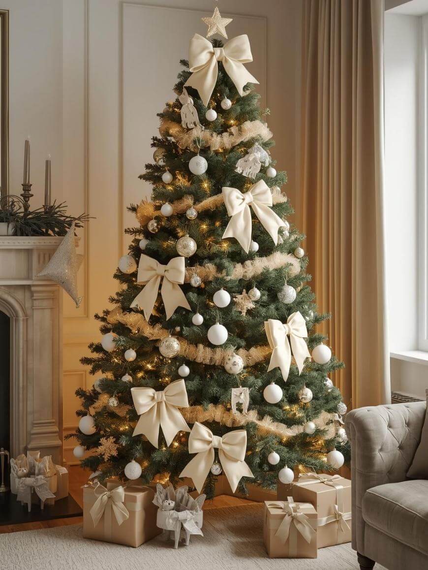 A decorated Christmas tree adorned with large cream-colored bows, white ornaments, and gold garland stands near a window. Wrapped presents are placed underneath. The room features neutral-toned curtains and a fireplace.