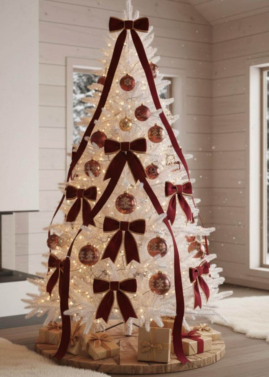 A white Christmas tree decorated with red ribbons, bows, and ornaments, surrounded by wrapped gifts, stands in a bright, modern room with wooden walls and large windows.