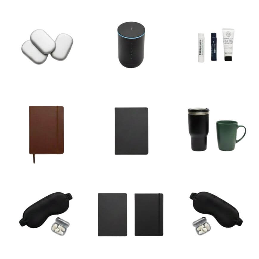 A 3x3 grid of travel essentials on a white background, including soap bars, a smart speaker, toiletries, notebooks, tumblers and mugs, a sleep mask with earplugs in cases, and a closed notebook.