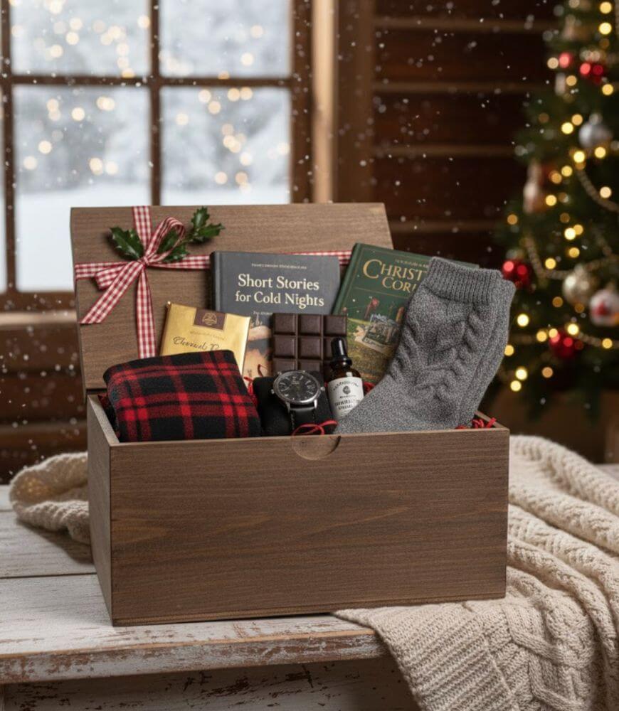 A wooden box filled with cozy gifts including wool socks, a plaid blanket, a book, a Christmas card, tea, a watch, and small toiletries, set on a table in a snowy, festive room with a decorated tree.