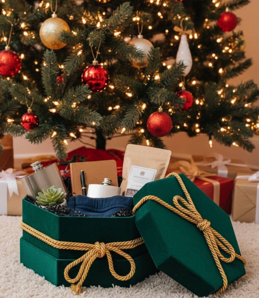 A green gift box with a gold rope bow contains various items and sits open in front of a decorated Christmas tree with ornaments and wrapped presents underneath.
