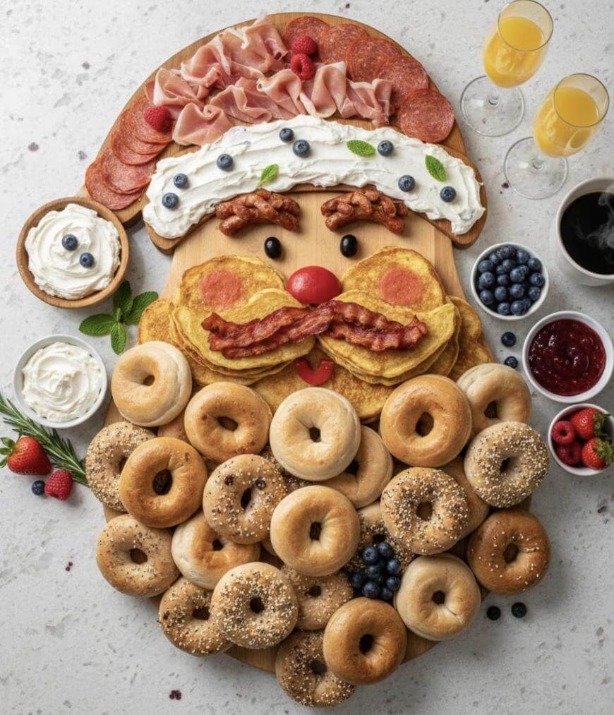 A festive breakfast platter arranged as Santa’s face, using bagels for the beard, pancakes for the face, bacon for the mustache, whipped cream, berries, sliced meats, and drinks on a light countertop.