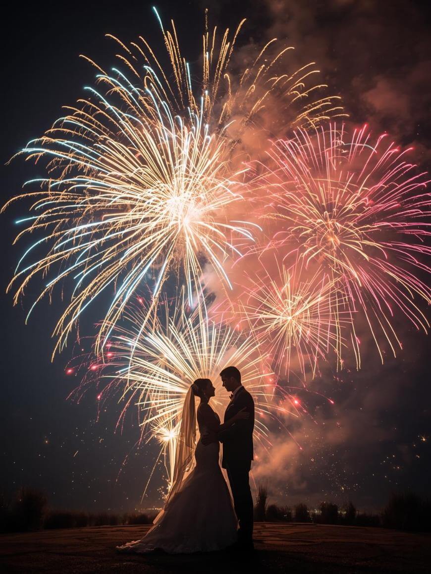 A bride and groom stand close together, silhouetted against a night sky filled with vibrant, colorful fireworks bursting overhead.