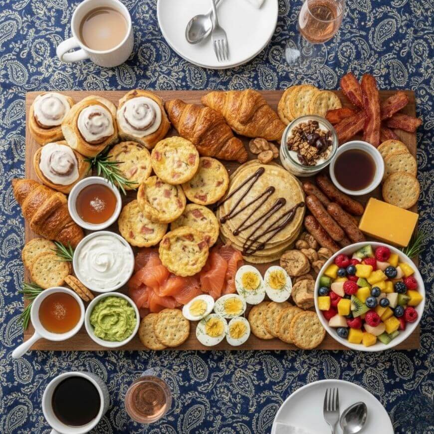 A large wooden board filled with breakfast foods including pancakes, mini quiches, croissants, cinnamon rolls, hard-boiled eggs, smoked salmon, bacon, sausages, cheeses, dips, fruit salad, and coffee cups on a blue patterned tablecloth.