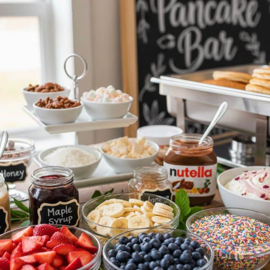 A pancake bar display features jars of toppings like honey, maple syrup, Nutella, sliced bananas, strawberries, blueberries, sprinkles, and bowls of marshmallows, chocolate chips, and whipped cream, with pancakes stacked in the background.