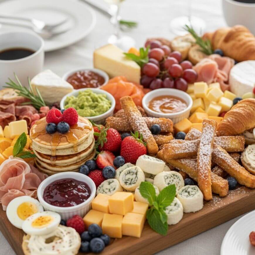 A breakfast charcuterie board with pancakes, French toast sticks, cheeses, boiled eggs, croissants, cold cuts, fresh fruit, jam, and coffee cups, all arranged on a wooden board on a white tablecloth.