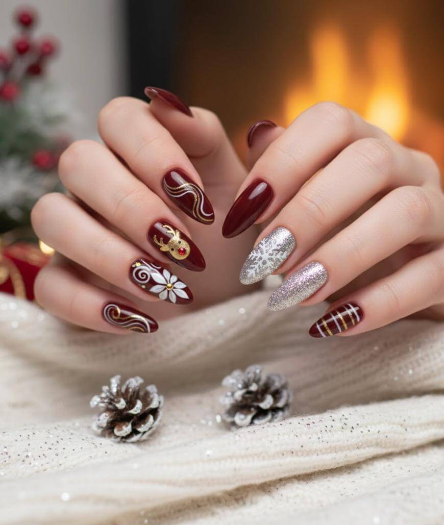 Hands with festive nail art featuring burgundy, gold, and silver designs, including a reindeer, snowflake, plaid, swirls, and glitter. The hands rest on a white knit fabric with pinecones, in front of a warm, glowing background.