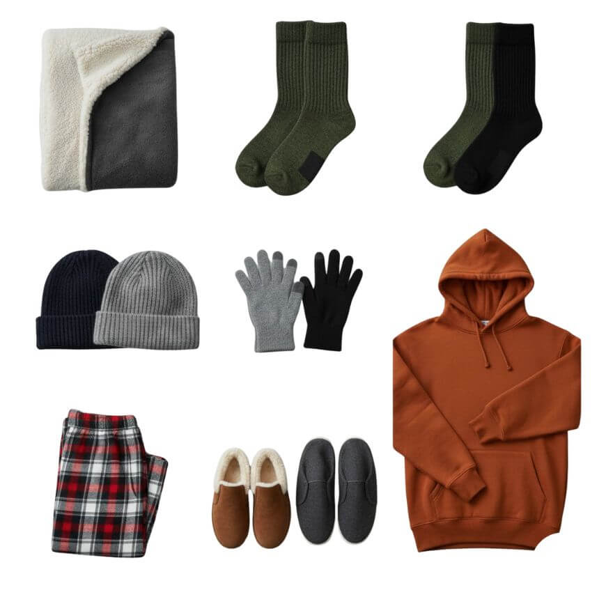 A cozy winter essentials flat lay featuring a fleece blanket, two pairs of socks, two knit hats, two pairs of gloves, plaid pajama pants, two pairs of slippers, and a rust-colored hoodie.
