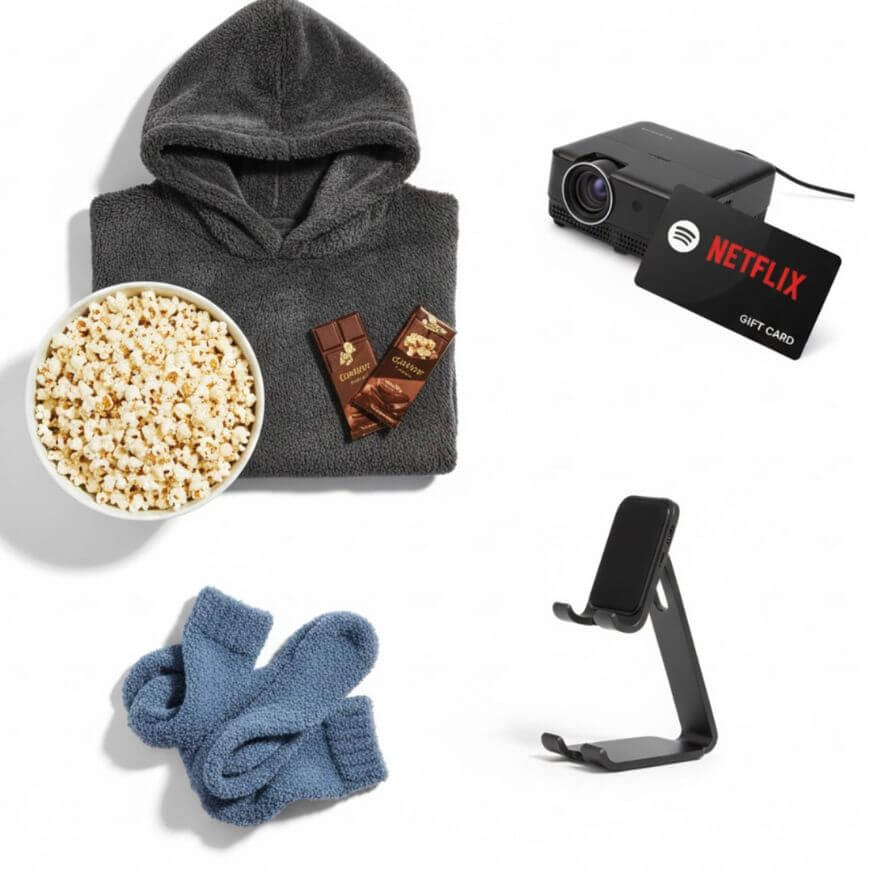 A cozy hoodie, a bowl of popcorn, two chocolate bars, fuzzy blue socks, a phone stand, and a projector with a Netflix gift card are arranged on a white background, suggesting a relaxing movie night.