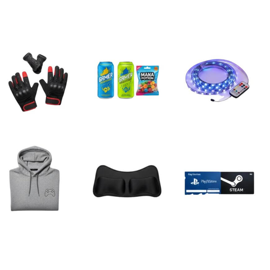 A collage of gamer-themed items: grip gloves, two cans of gamer energy drink, a candy pack, LED strip lights with remote, a gray hoodie with a game controller icon, a wrist rest, and PlayStation and Steam gift cards.