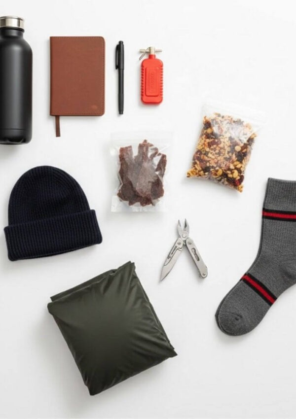 A flat lay of outdoor essentials: a black water bottle, brown notebook with pen, red whistle, zipper bags of trail mix and jerky, black knit hat, green pouch, multitool, and a pair of gray socks with red and black stripes.