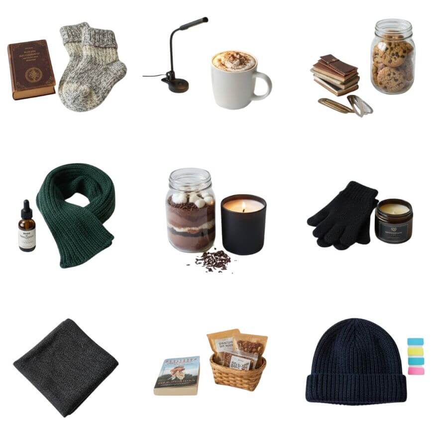A grid of cozy winter items, including wool socks, a book, a mug of hot cocoa, a jar of cookies, a scarf, a jar of baking mix, a candle with gloves, a dropper bottle, a folded cloth, a beanie, a basket with snacks, and a book.